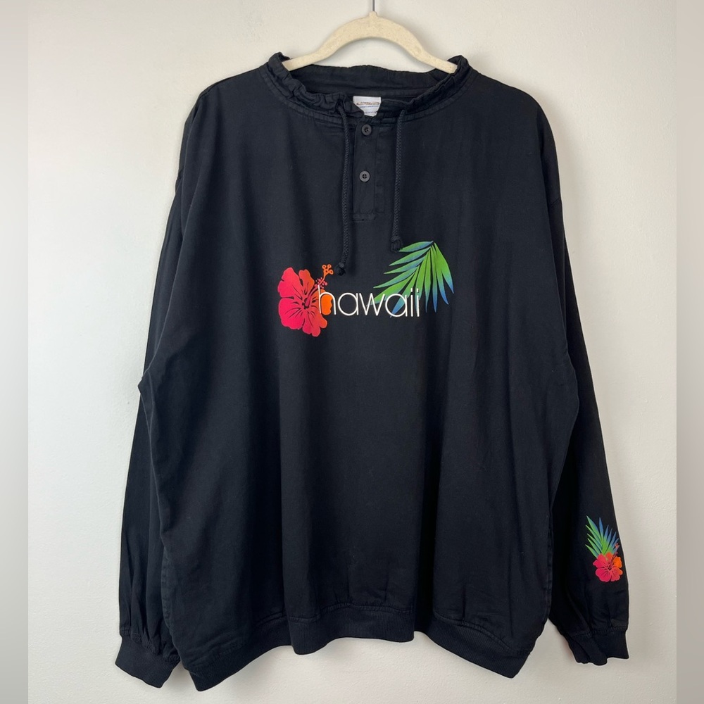 Crazy Shirts Hawaii XXL Black Henley Style Long Sleeve Graphic Shirt Y2K USA